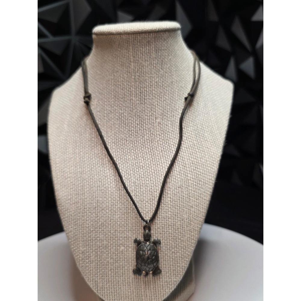 Pewter Sea Turtle Pendant Necklace Adjustable Brown Cord USA Made Beach Jewelry - Picture 12 of 13